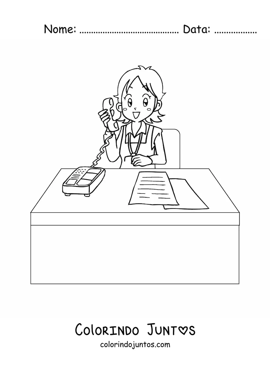 Desenho para colorir de secretaria animada falando ao telefone em seu escritorio