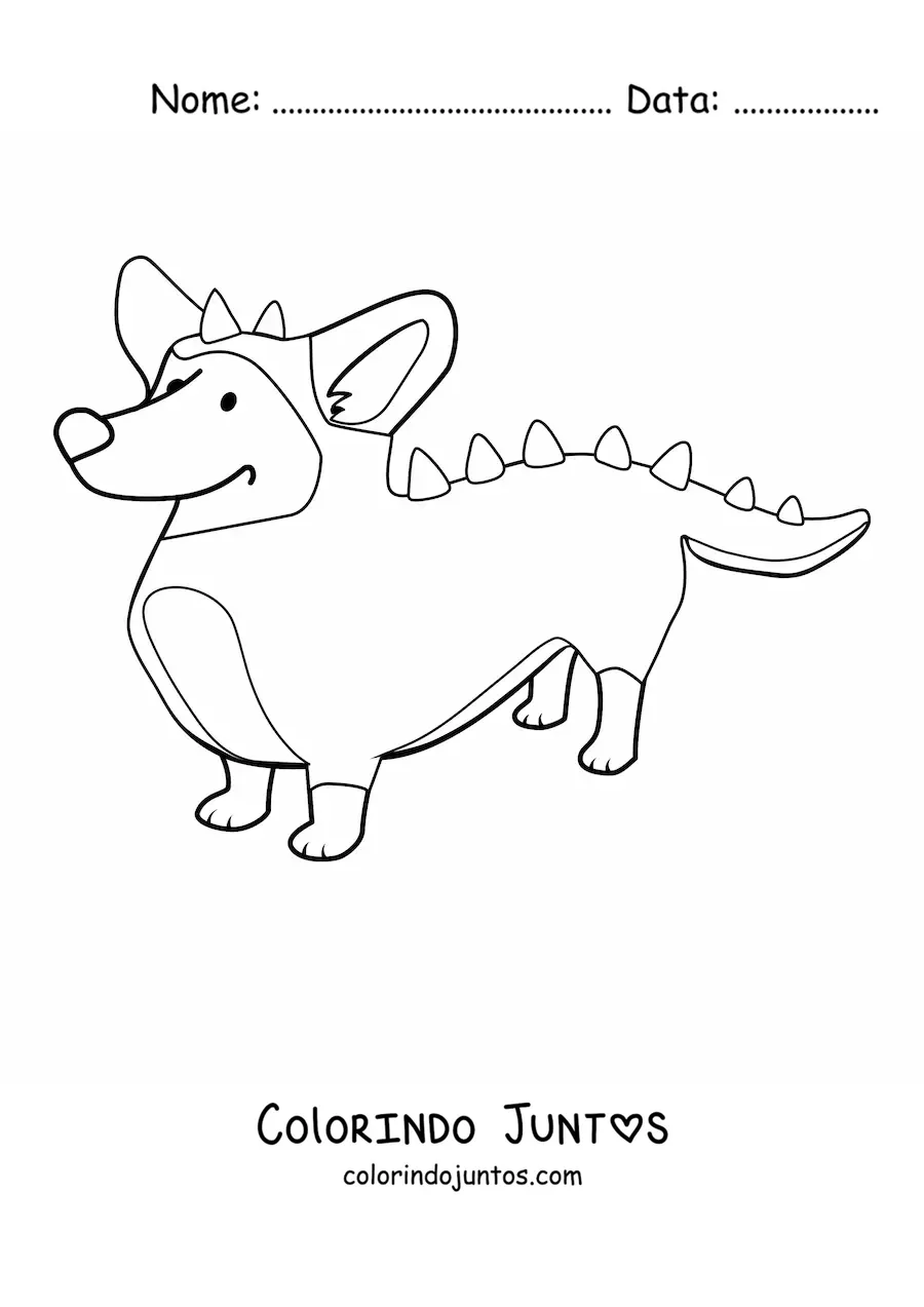 Desenho para colorir de um corgi fantasiado de crocodilo