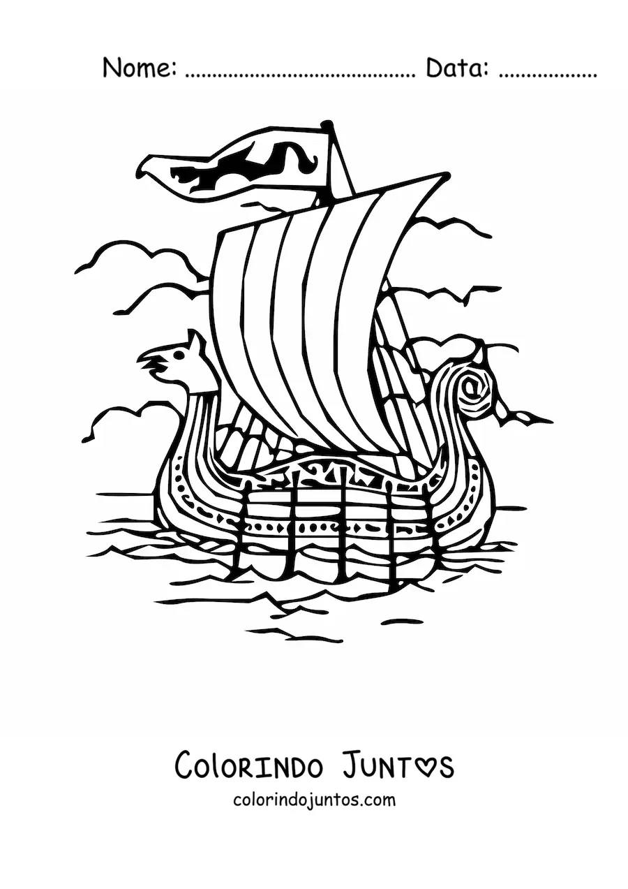 Desenho para colorir de um navio viking no mar com remos e uma proa com cabeca de animal