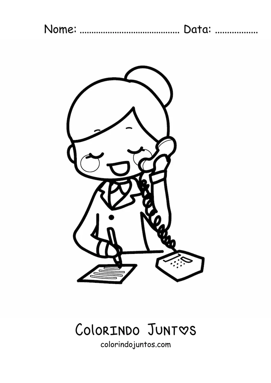 Desenho para colorir de caricatura de uma secretaria falando ao telefone em seu escritorio
