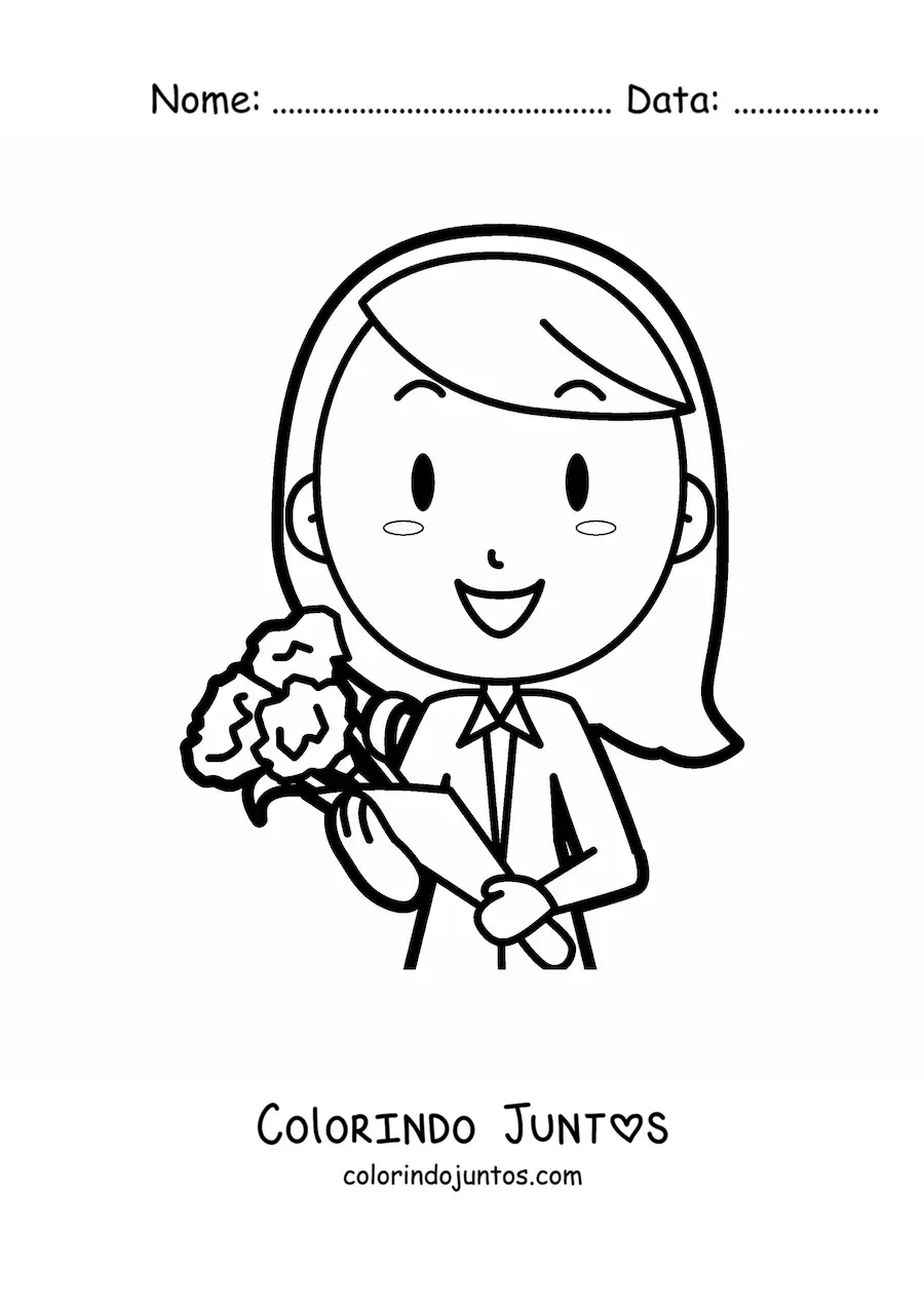Desenho para colorir de secretaria animada com buque de flores no Dia da Secretaria