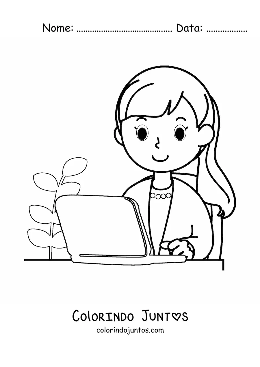 Desenho para colorir de secretaria animada facil trabalhando em um laptop no escritorio