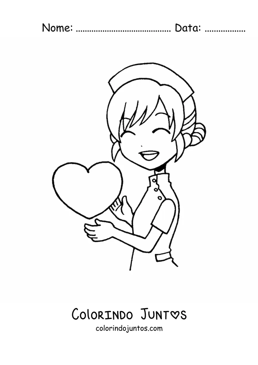 Desenho para colorir de enfermeira kawaii animada com um coracao