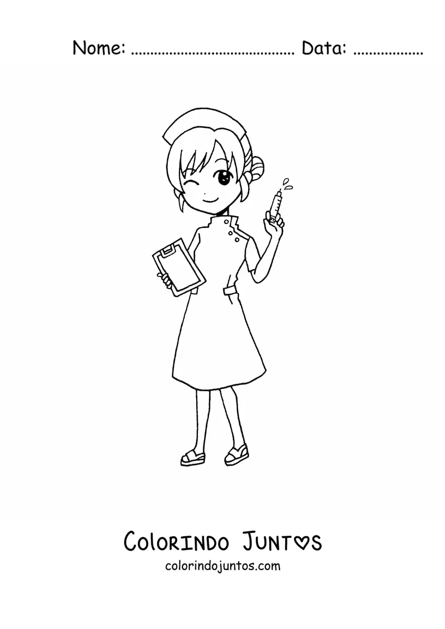 Desenho para colorir de enfermeira kawaii animada com uma seringa