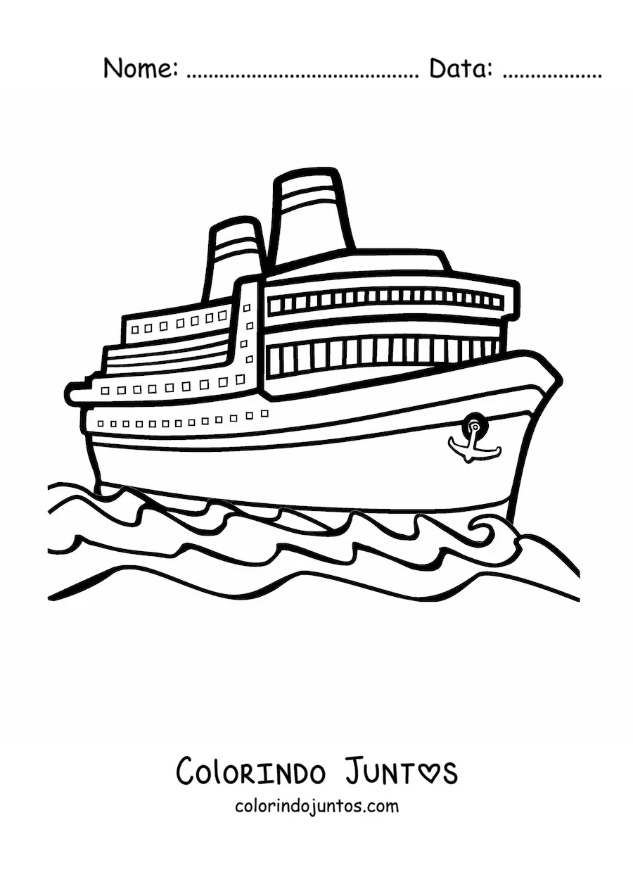 Desenho para colorir de um navio de cruzeiro no mar com uma ancora