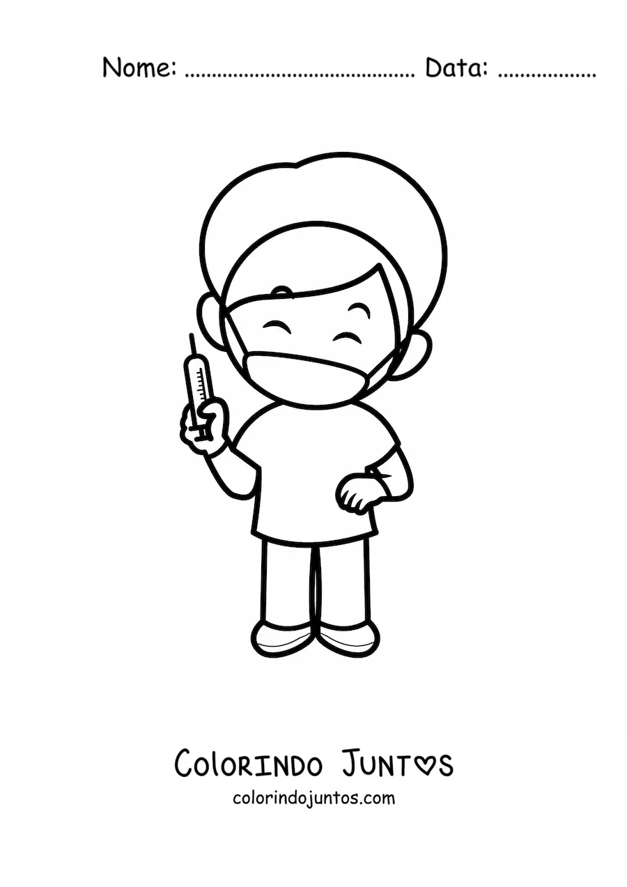 Desenho para colorir de enfermeiro animado com uma seringa