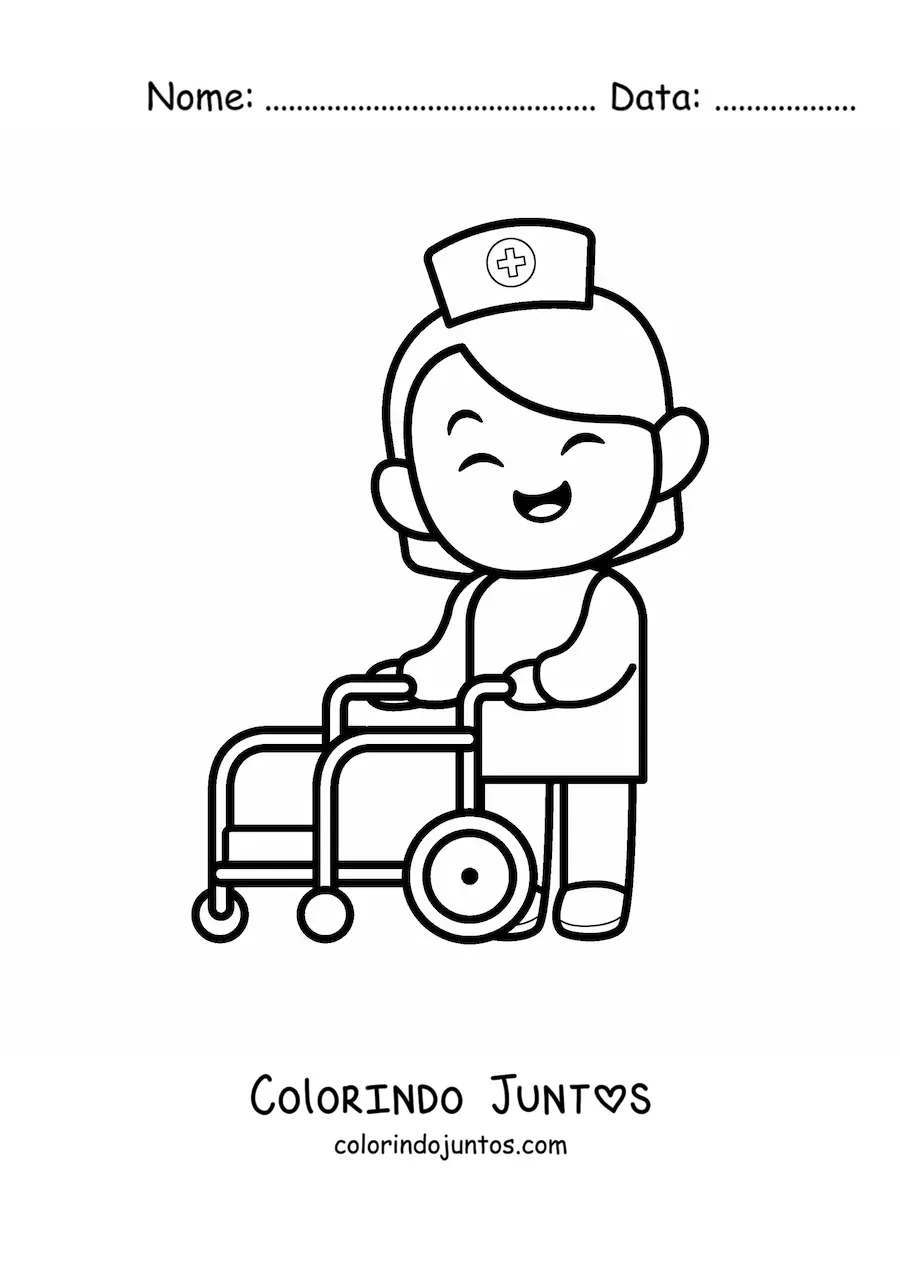 Desenho para colorir de enfermeira animada com uma cadeira de rodas