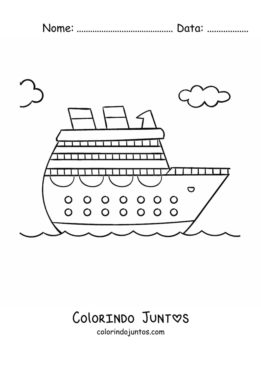 Desenho para colorir de um navio de cruzeiro no mar com nuvens ao fundo