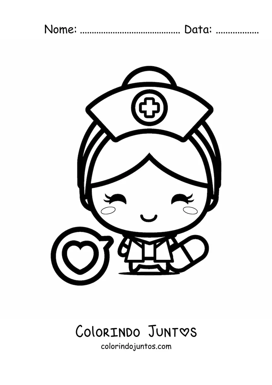 Desenho para colorir de enfermeira kawaii com um coracao