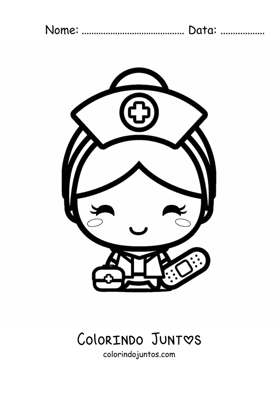 Desenho para colorir de enfermeira kawaii com um curativo
