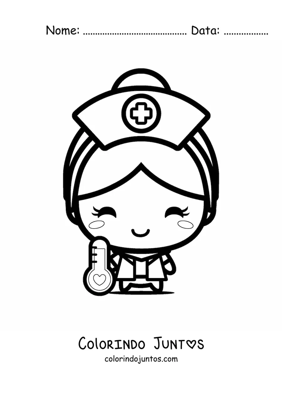 Desenho para colorir de enfermeira kawaii com um termometro