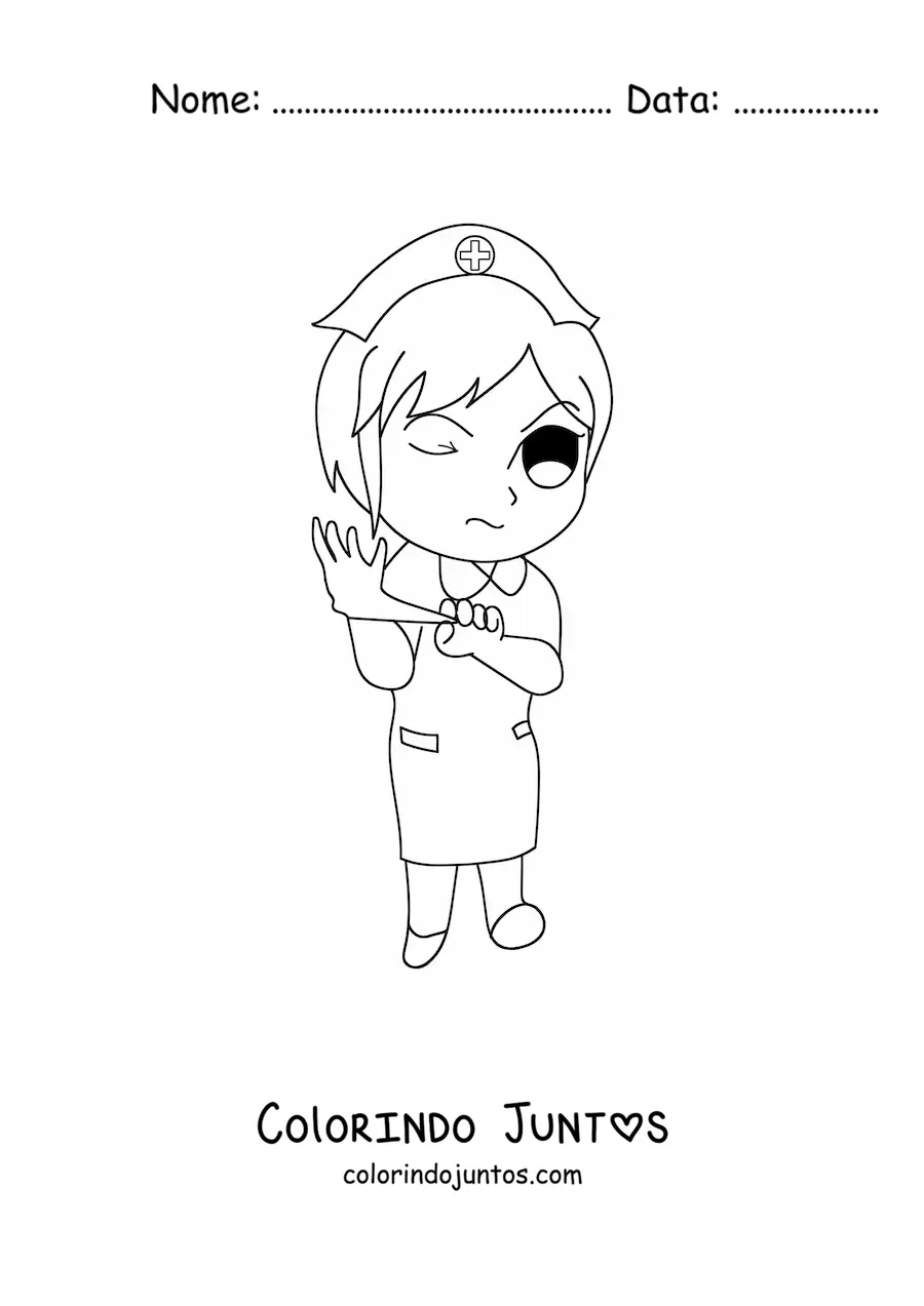 Desenho para colorir de enfermeira animada com uma luva