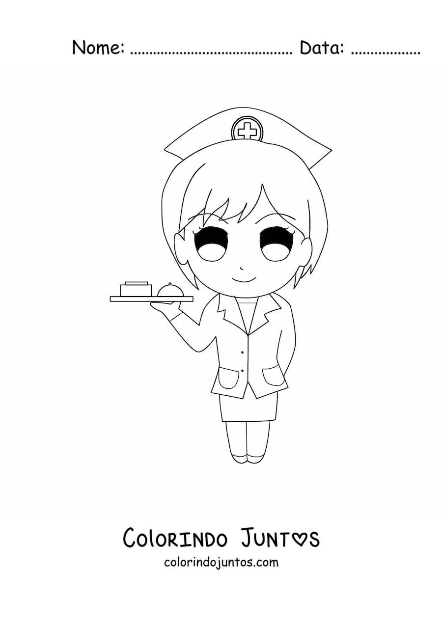 Desenho para colorir de enfermeira animada com uma bandeja
