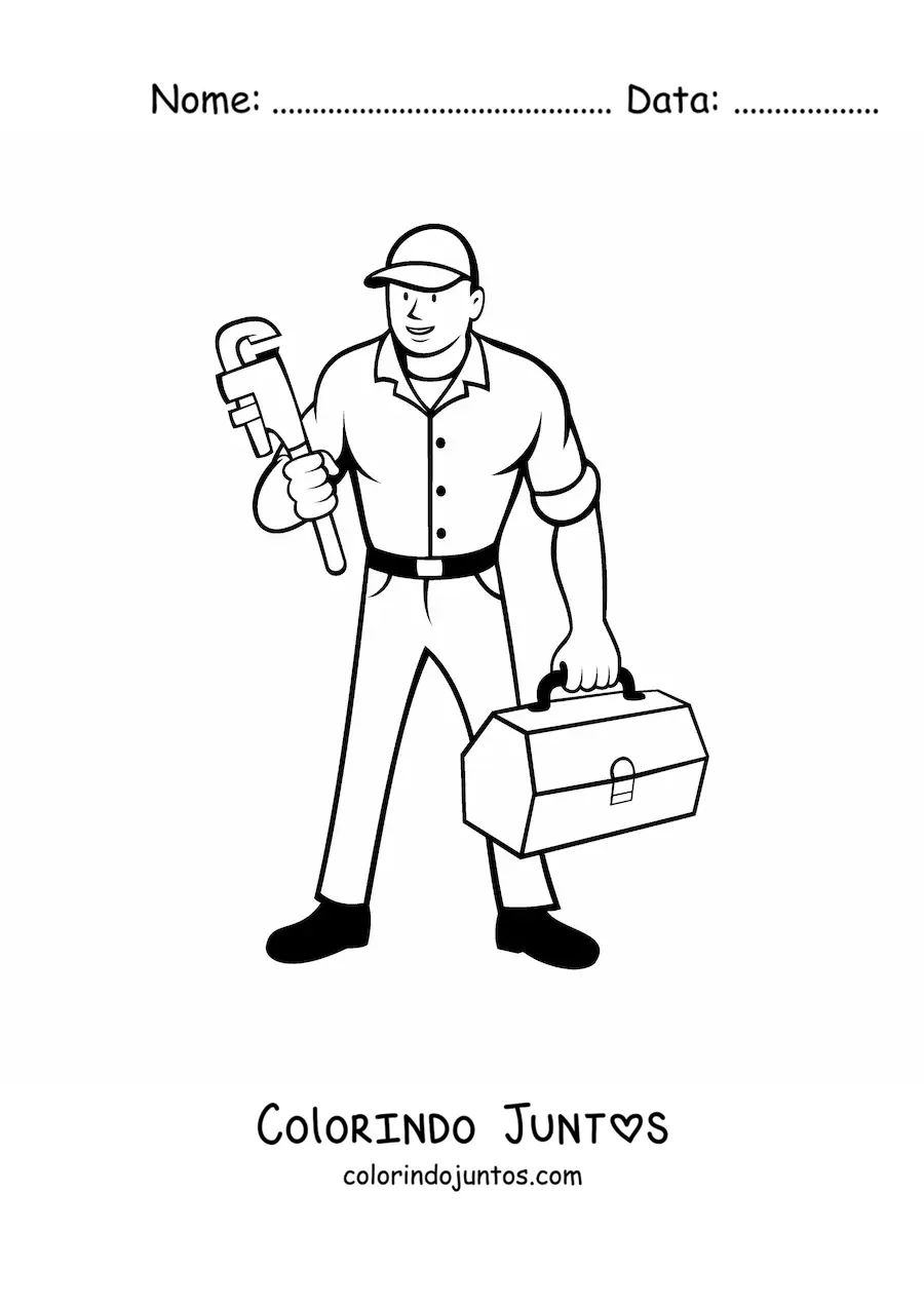 Desenho para colorir de encanador animado com uma chave inglesa e uma maleta