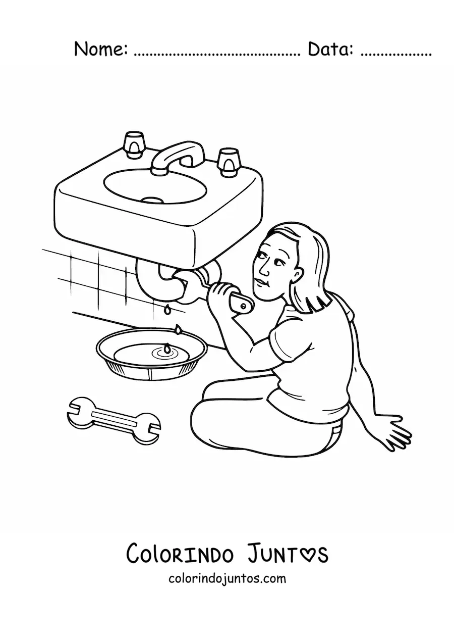 Desenho para colorir de mulher encanadora consertando um cano do banheiro
