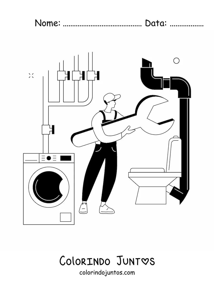 Desenho para colorir de encanador com uma chave inglesa e canos