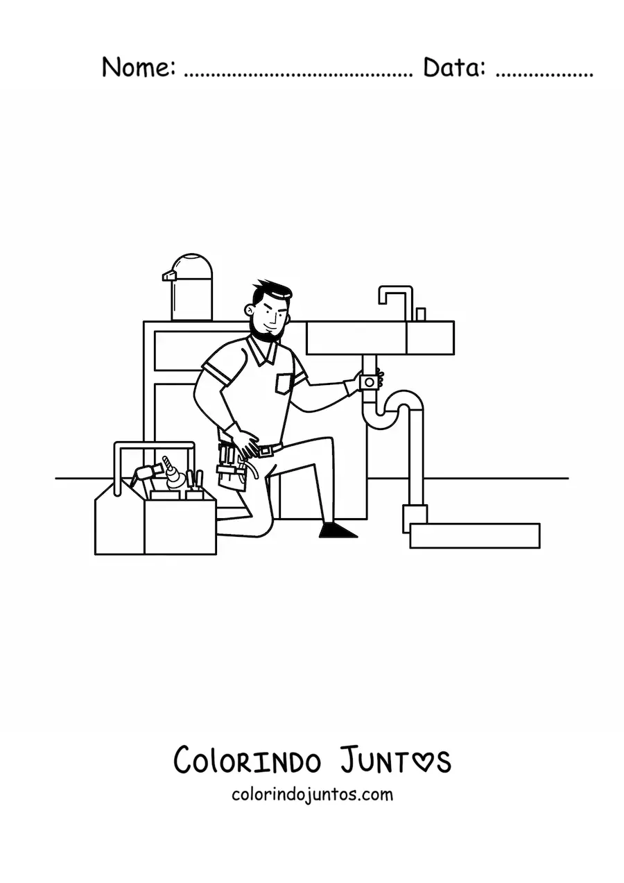 Desenho para colorir de encanador animado trabalhando em uma pia