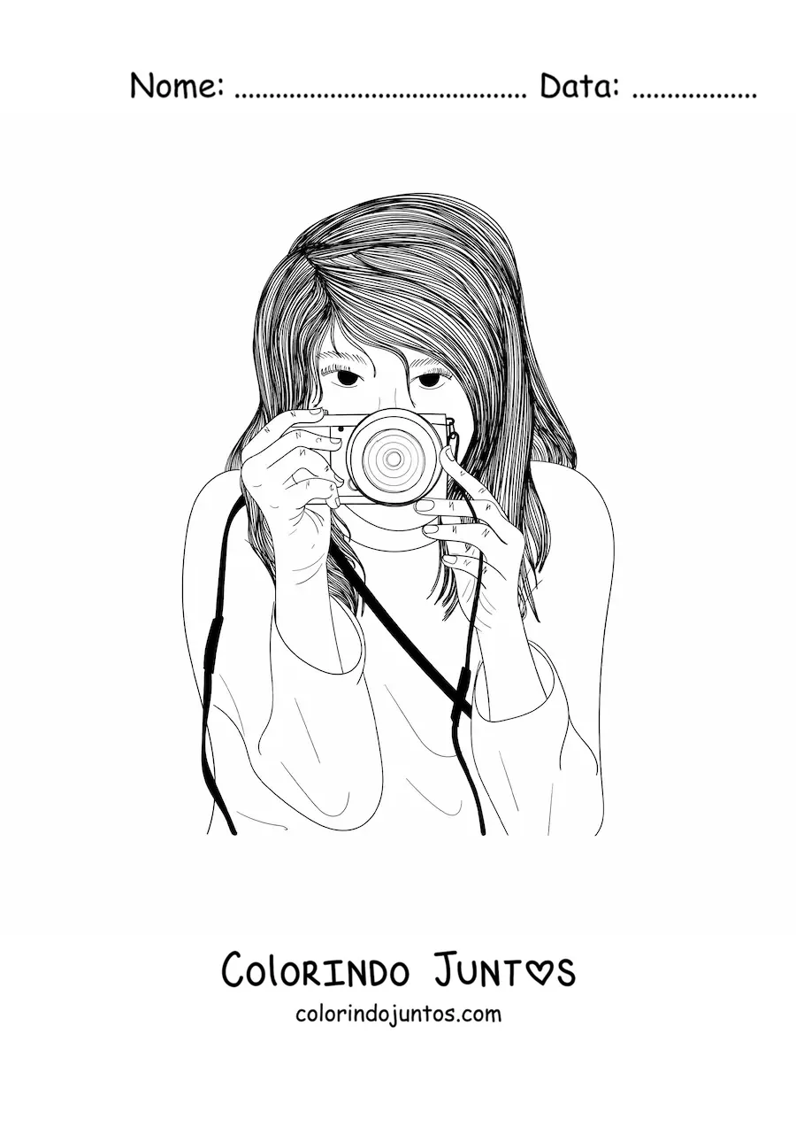 Desenho para colorir de garota realista tirando uma fotografia