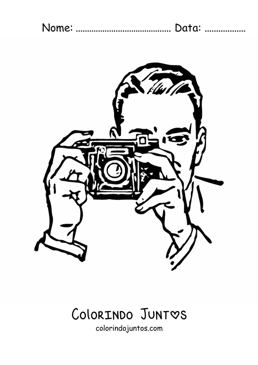 Desenho para colorir de homem tirando uma foto com uma camera fotografica