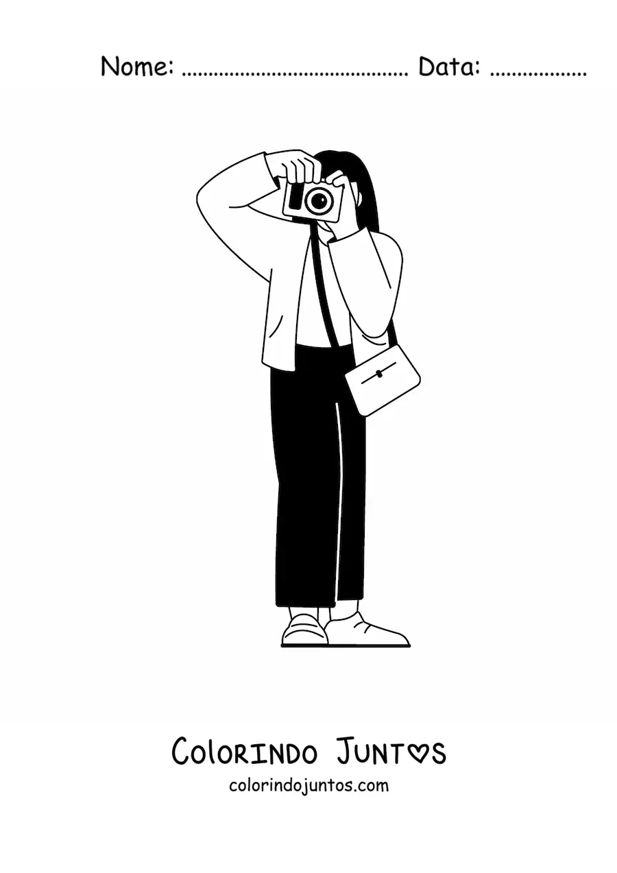 Desenho para colorir de garota tirando uma foto com uma camera fotografica