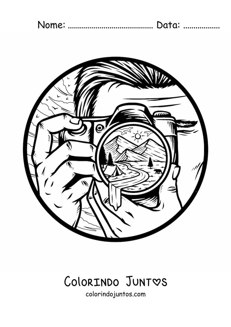 Desenho para colorir de homem tirando uma foto de uma paisagem com uma camera fotografica