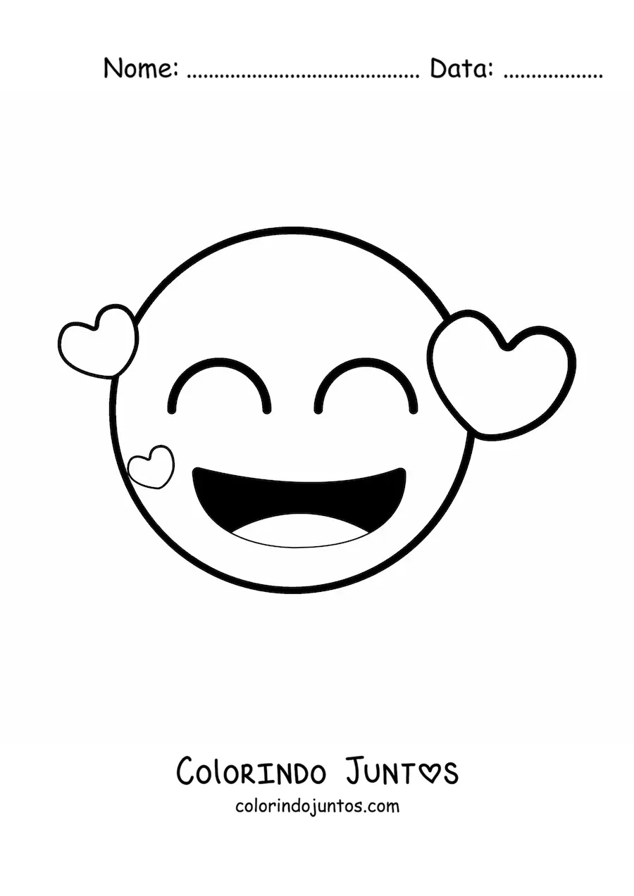 Desenho para colorir de emoji feliz com coracoes