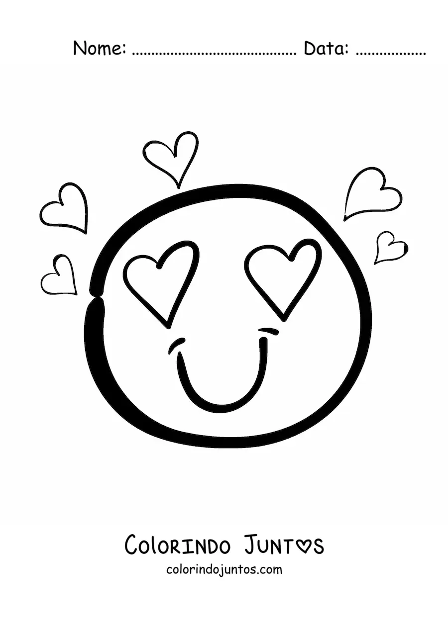 Desenho para colorir de emoji apaixonado com olhos de coracao e coracoes ao redor