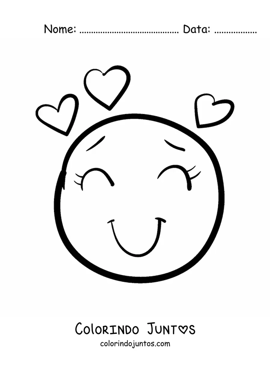 Desenho para colorir de emoji de carinha sorridente apaixonada com coracoes