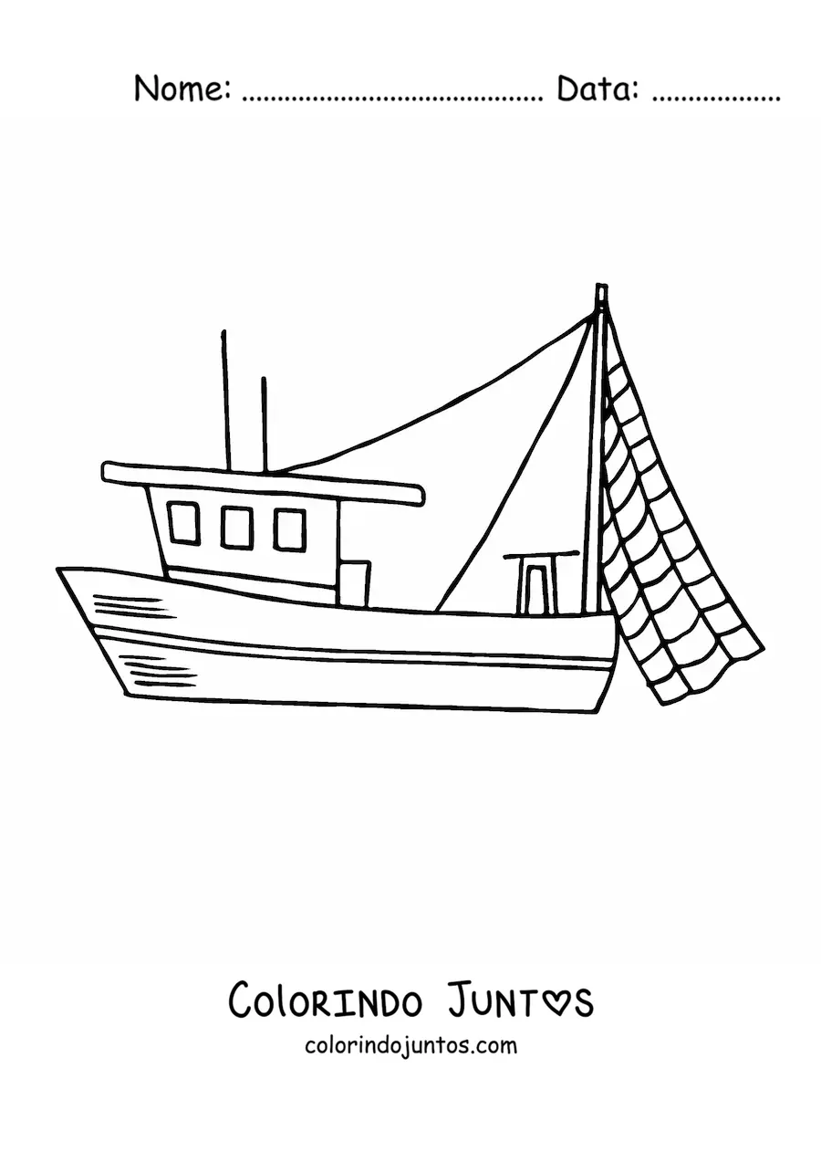 Desenho para colorir de um barco de pesca com uma rede
