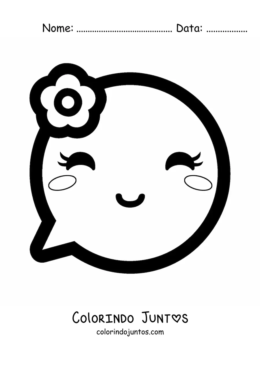 Desenho para colorir de emoji kawaii sorrindo com uma flor