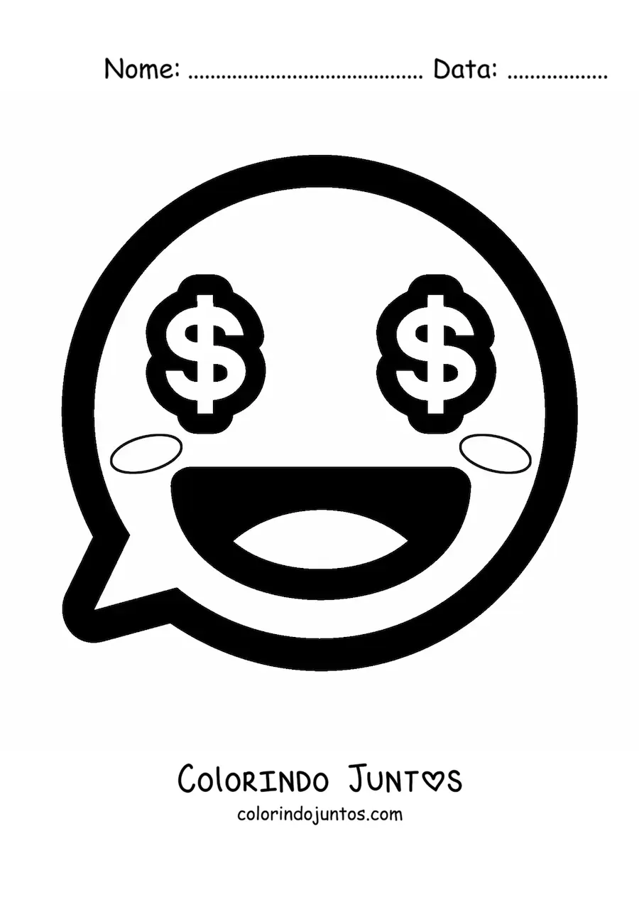 Desenho para colorir de emoji kawaii sorrindo com olhos de dinheiro
