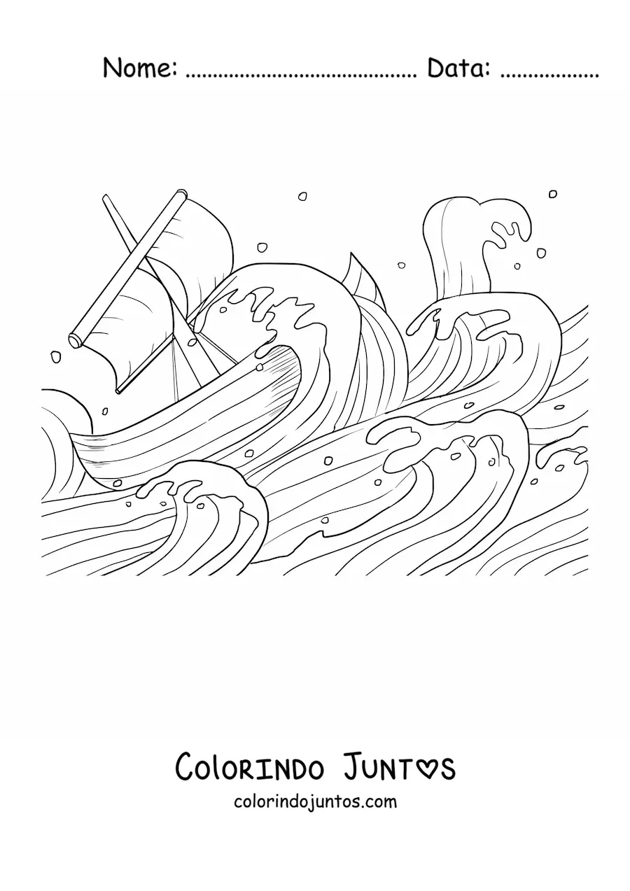 Desenho para colorir de um barco no meio de uma tempestade