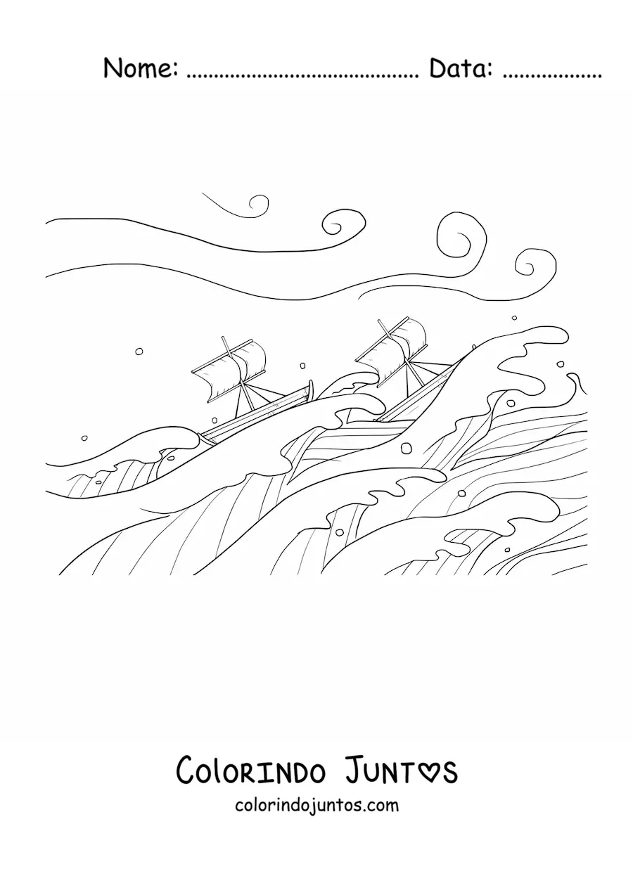 Desenho para colorir de dois barcos no meio de uma tempestade