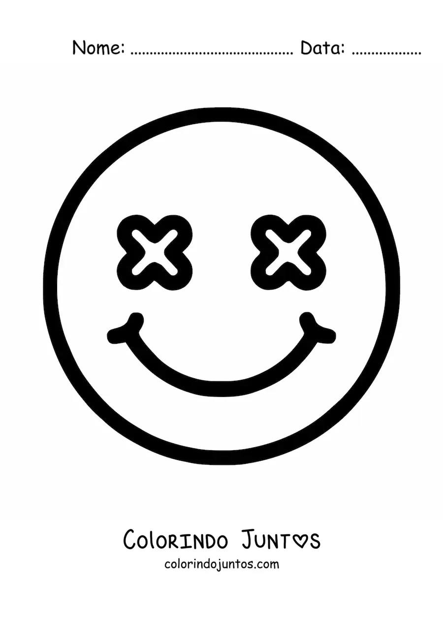 Desenho para colorir de emoji de cara feliz com olhos de cruz