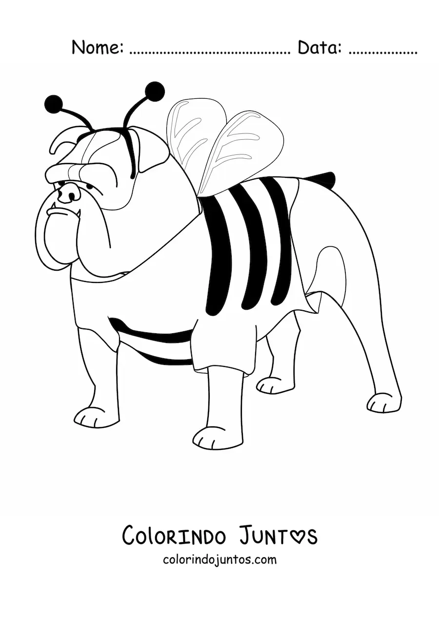 Desenho para colorir de um buldogue fantasiado de abelha