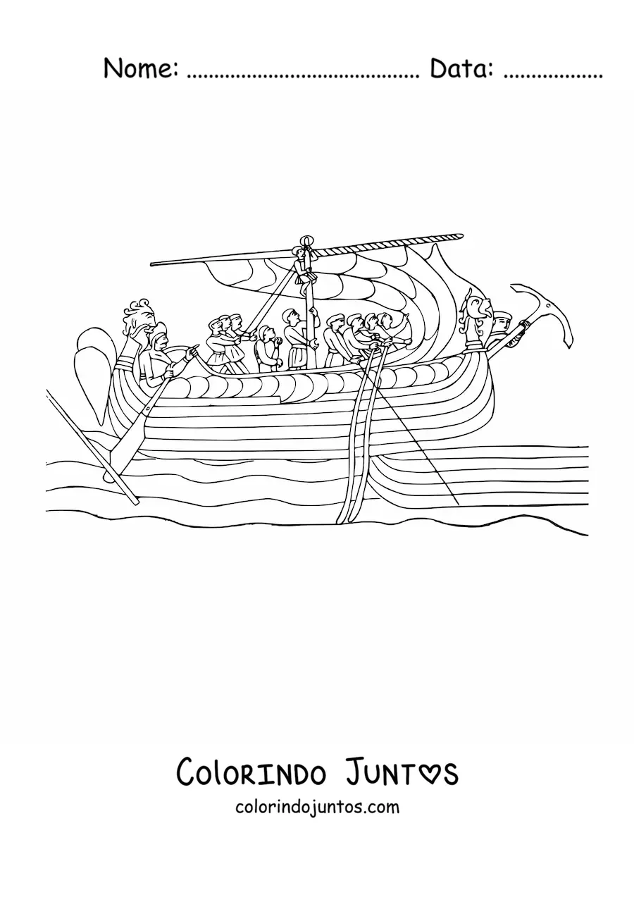 Desenho para colorir de um navio antigo com tripulantes no mar