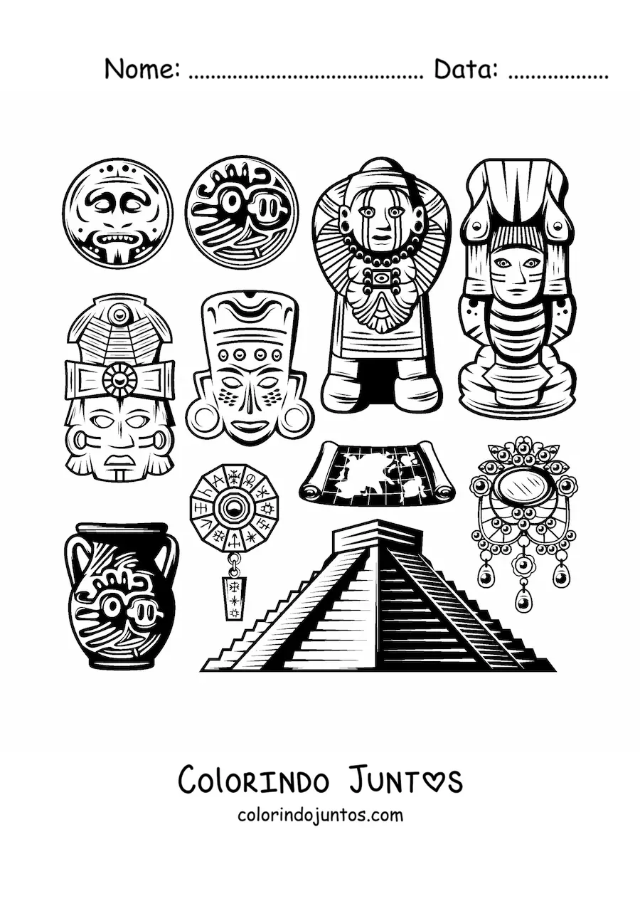 Desenho para colorir de pirâmide e arte maia