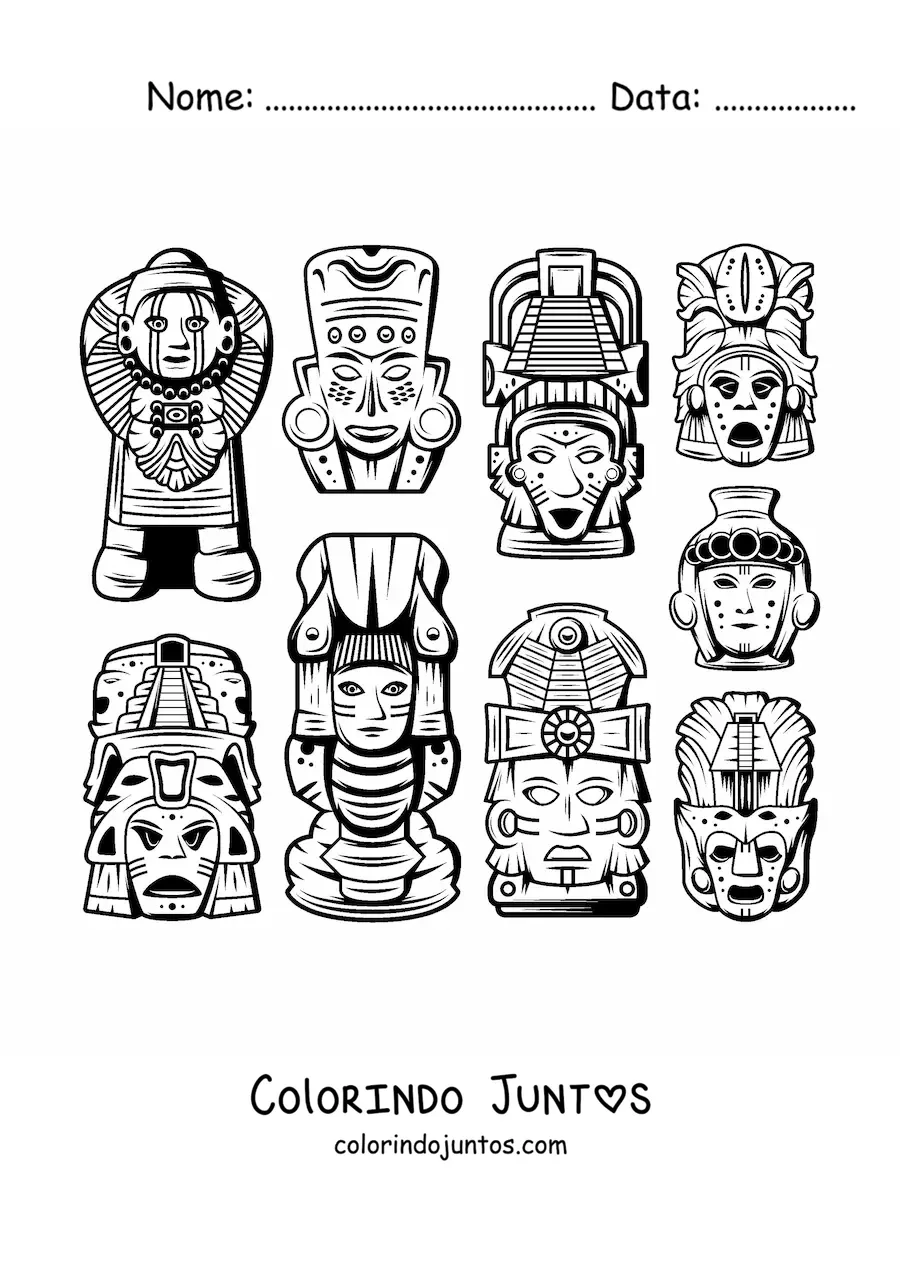 Desenho para colorir de máscaras e artesanatos maias