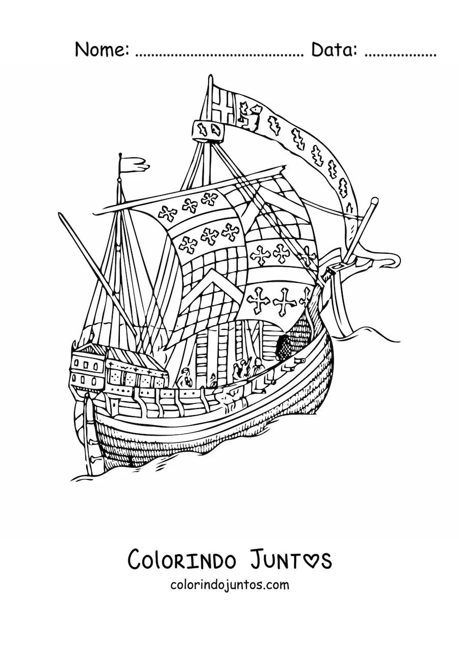 Desenho para colorir de um navio antigo no mar com cruzes nas velas