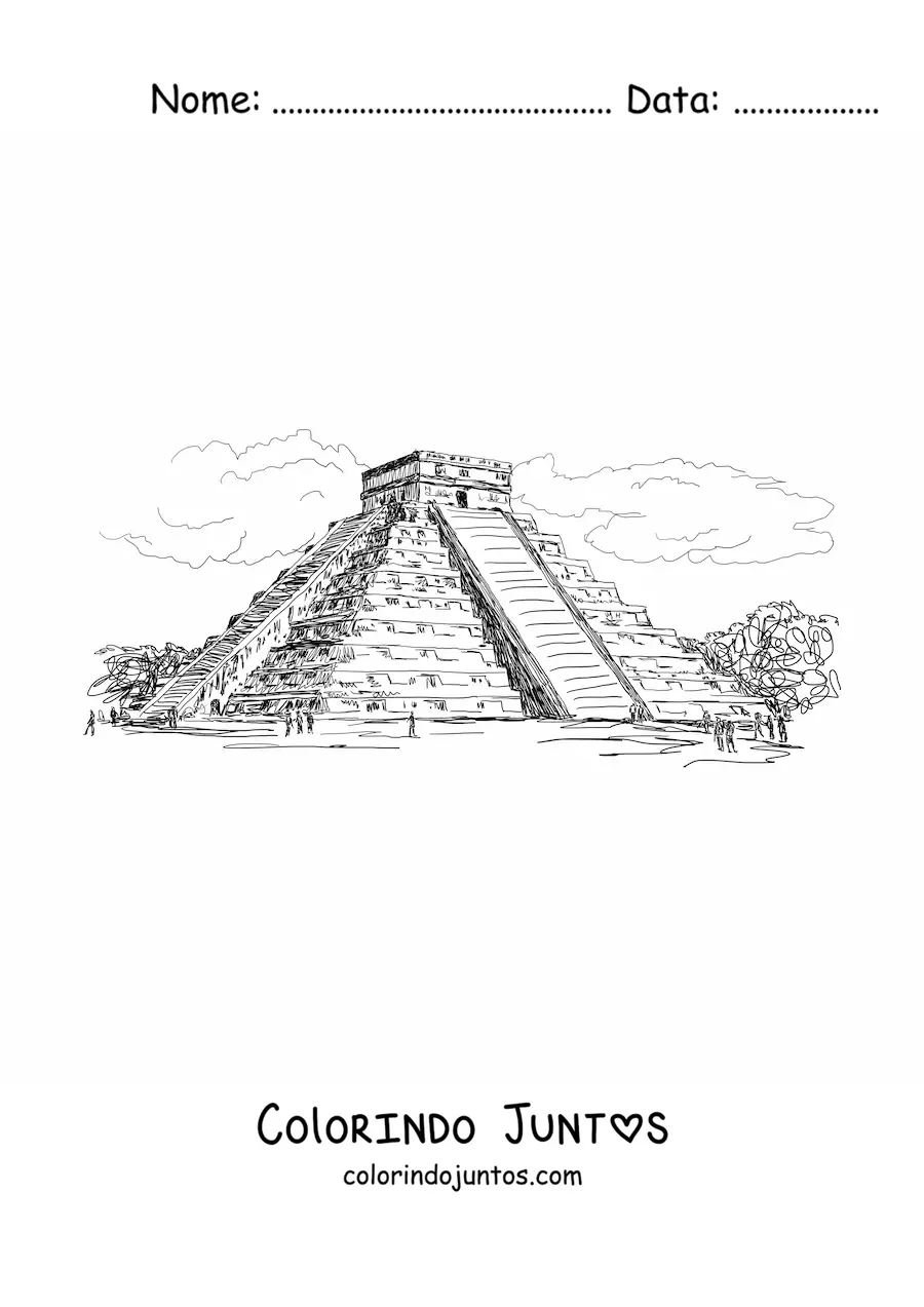 Desenho para colorir de templo de Kukulcán em Chichén Itzá