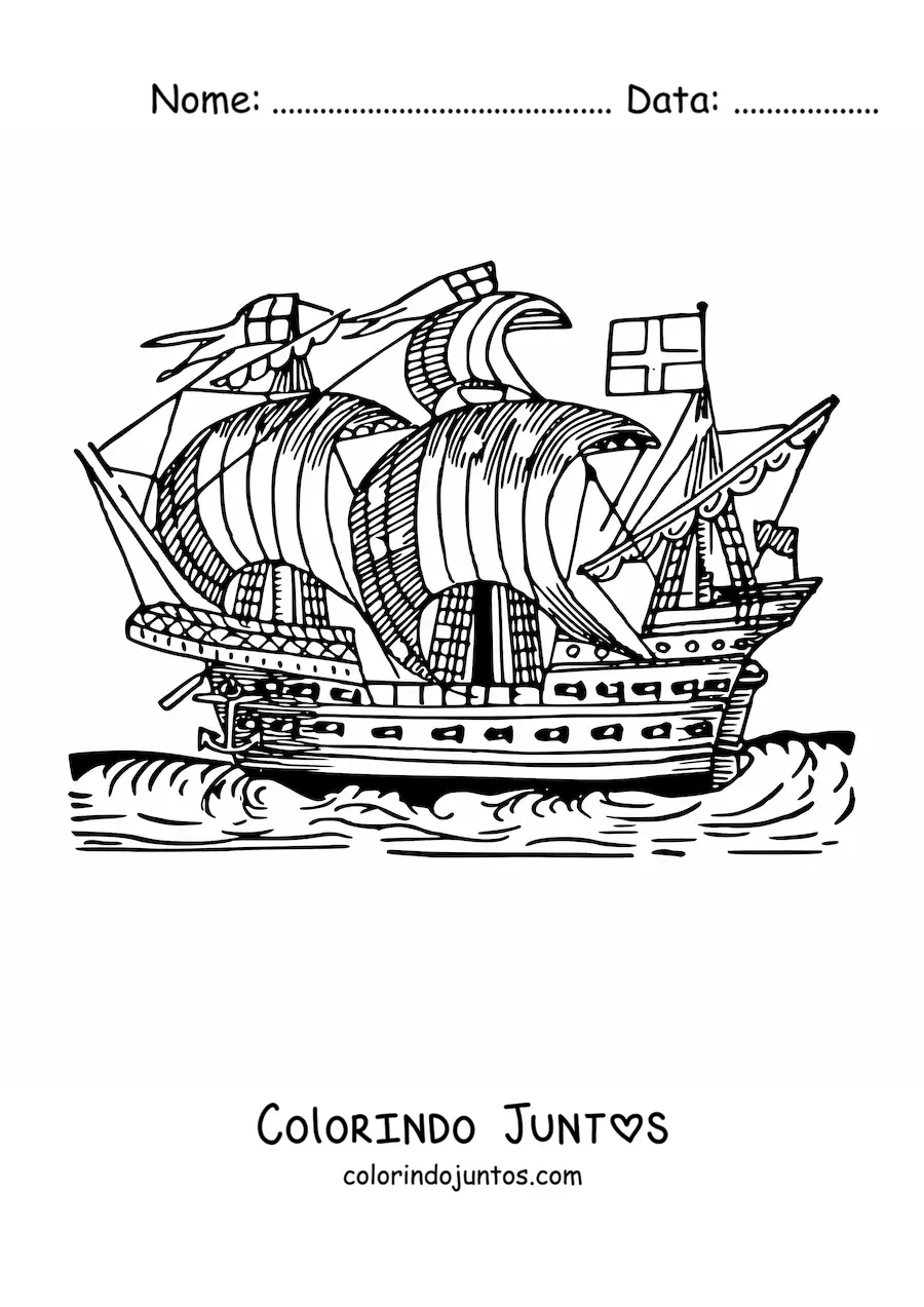 Desenho para colorir de um navio antigo no mar