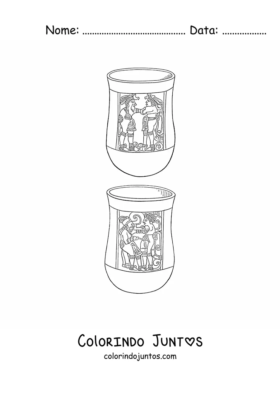 Desenho para colorir de vasilhas astecas