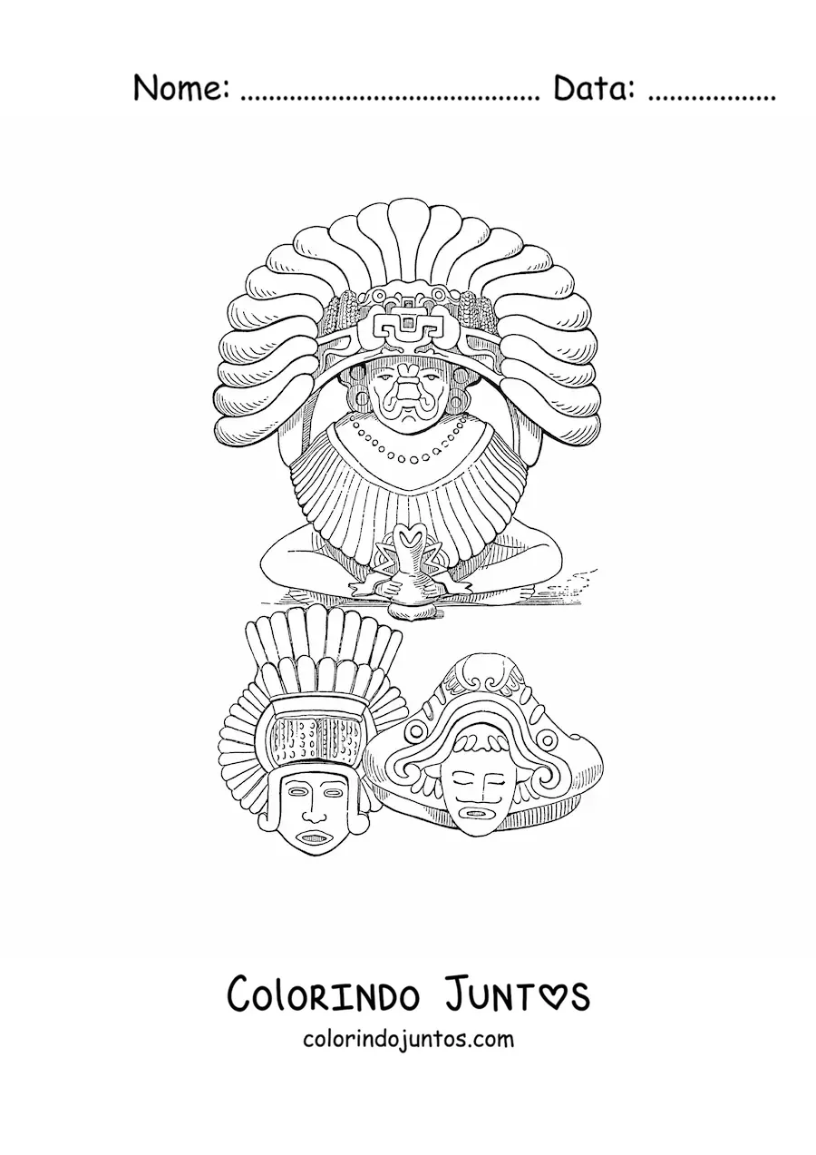 Desenho para colorir de esculturas astecas