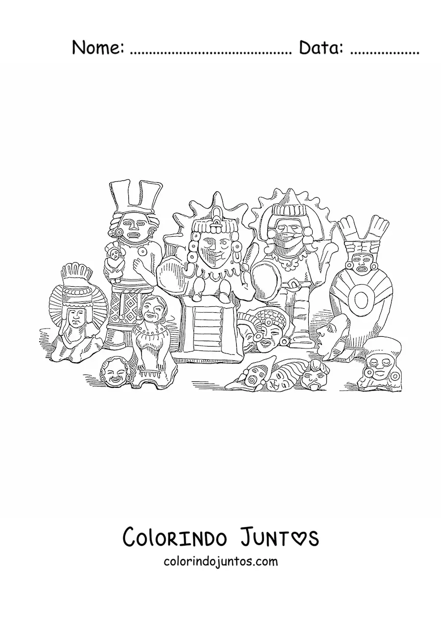 Desenho para colorir de figuras de argila astecas