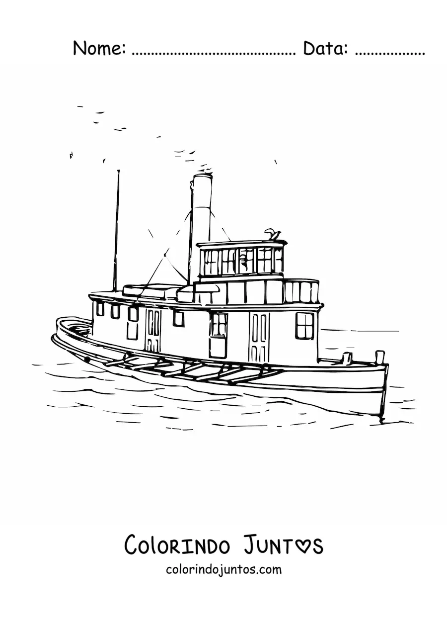 Desenho para colorir de um barco rebocador a vapor no mar