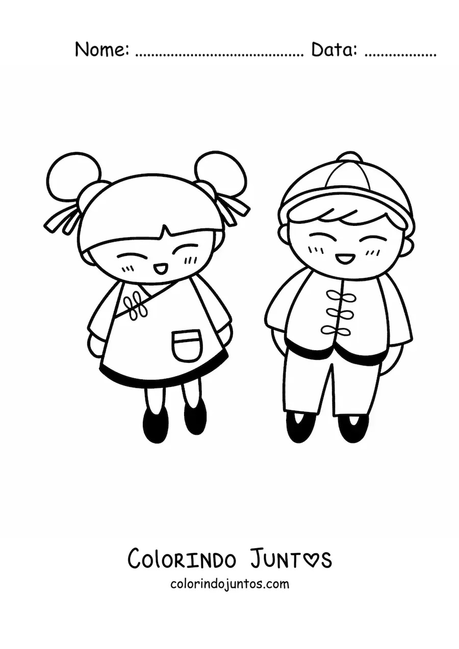Desenho para colorir de crianças chinesas kawaii