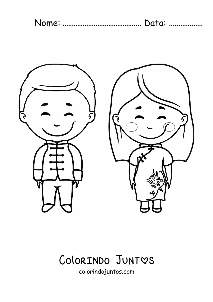 Desenho para colorir de casal chinês animado