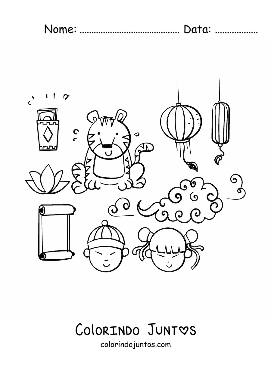 Desenho para colorir de elementos da cultura chinesa animados
