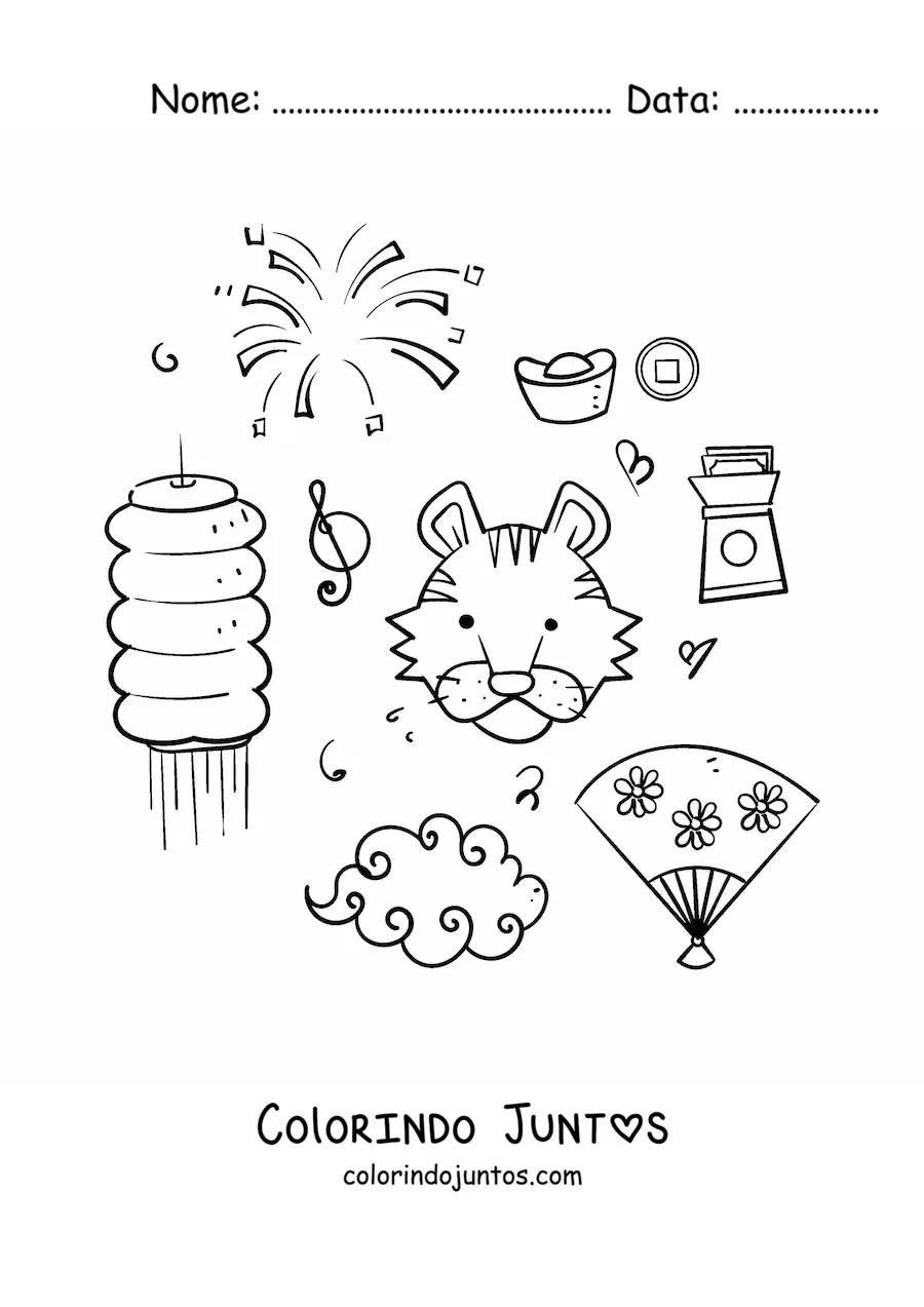 Desenho para colorir de elementos da cultura chinesa kawaii