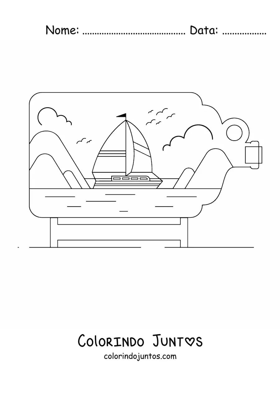 Desenho para colorir de um barco no mar com nuvens dentro de uma garrafa